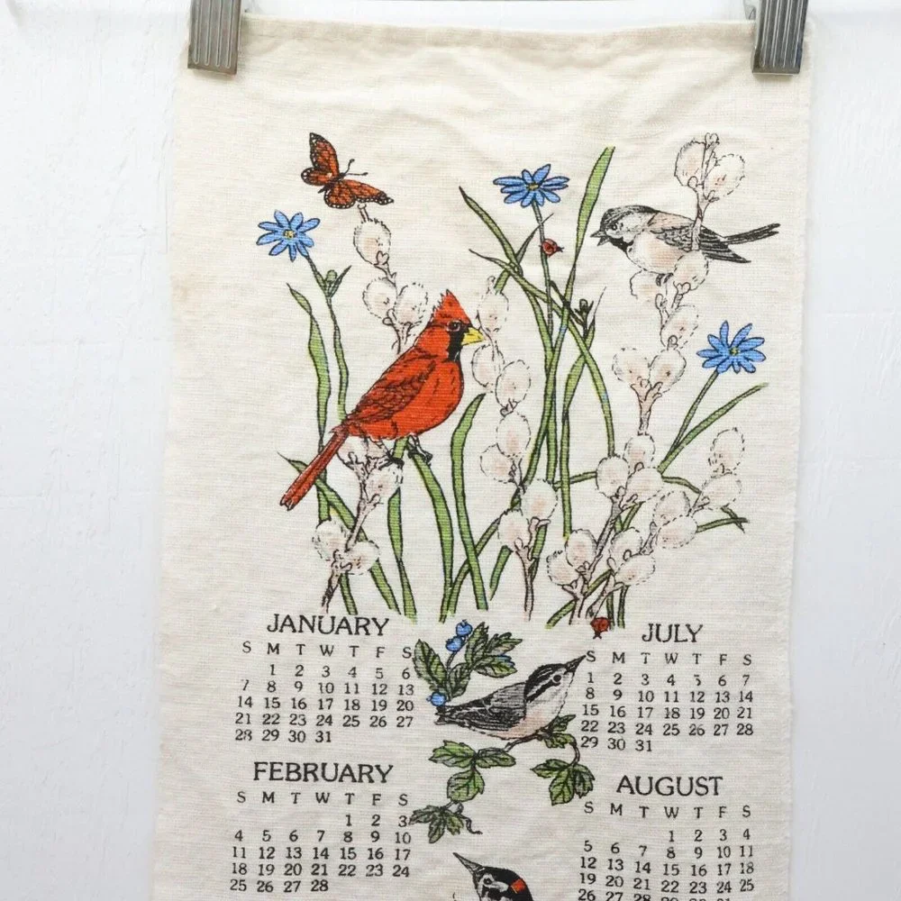 4/$20 1990 Calender Linen Wall Hanging Floral Song Birds Cardinal Wren Bluebird